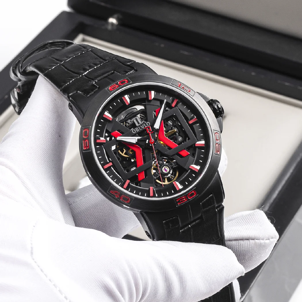 مستطيل الرياضة الهيكل العظمي مضيئة العسكرية التلقائي ساعة ميكانيكية للرجال الصلب حزام من الجلد الياقوت مقاوم للماء UM