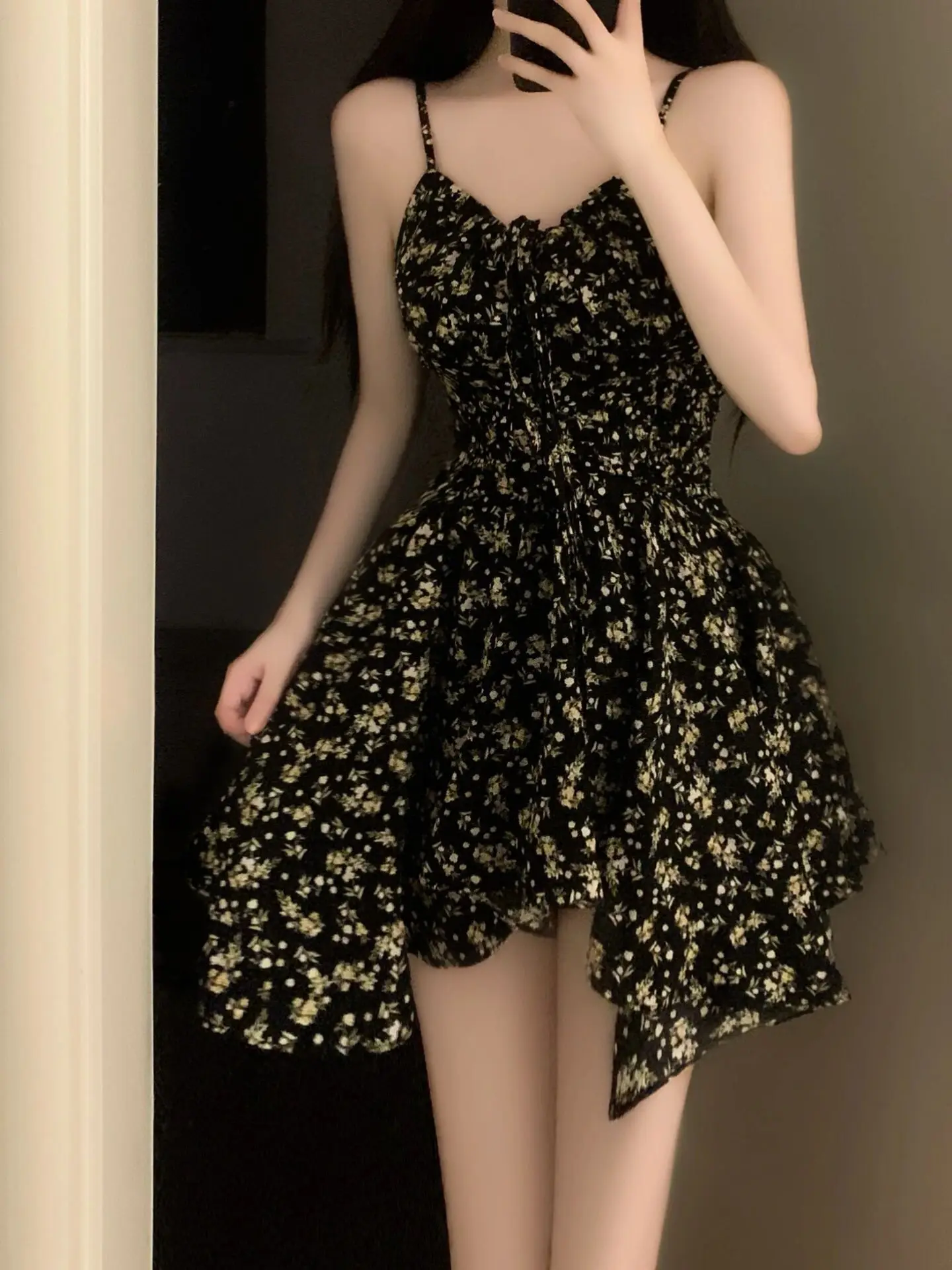 Franse onregelmatige zwarte bloemen jarretel dames zomer taille-knuffelende sexy jurk