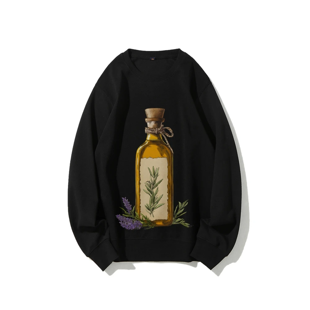 

Y2k Graphic Sweatshirt Herb Bottle Print Earthy Herbal Natural Style Sweatshirt Soft Fabric for Wellness-Themed Casual Clothes