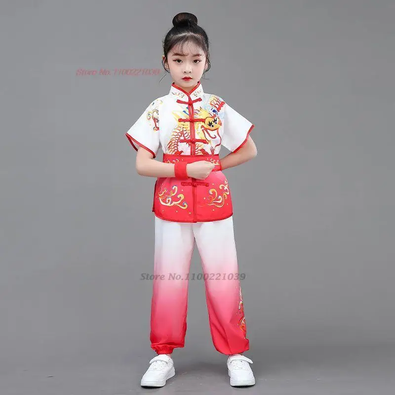 2025 chinese vintage children wushu shaolin uniform wushu kung fu clothing martial arts dragon print sport training exercise set