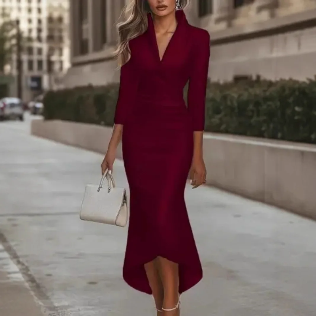 Autunno/Inverno Nuovo Abito in Raso da Donna Solido Manica Lunga con Scollo a V Elegante Silhouette Fluente Abito da Sera Abito in Stile Classico Chic