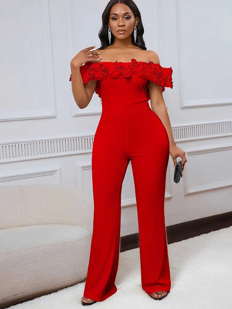 Summer Jumpsuit for Women Off The Shoulder Jumpsuit One Piece Chic Outift Sexy Ruffled Collar Casual Straight Jumpsuit Solid