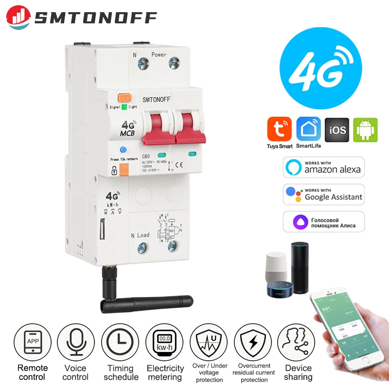 Interruttore automatico 4G Tuya Misuratore di energia Protezione dalle perdite Misuratore kWh wattmetro Controllo vocale RCBO Alexa Google per casa
