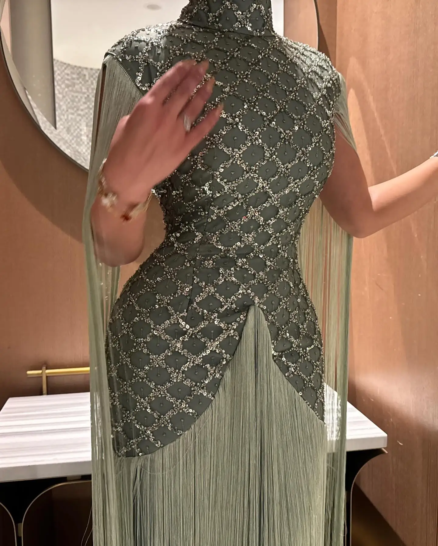 Sansa Customized Elegant Sage Green Tulle Formal Dresses High Neck Lace Applique Tassel Evening Gowns Vestidos De Noche 2026 image 4