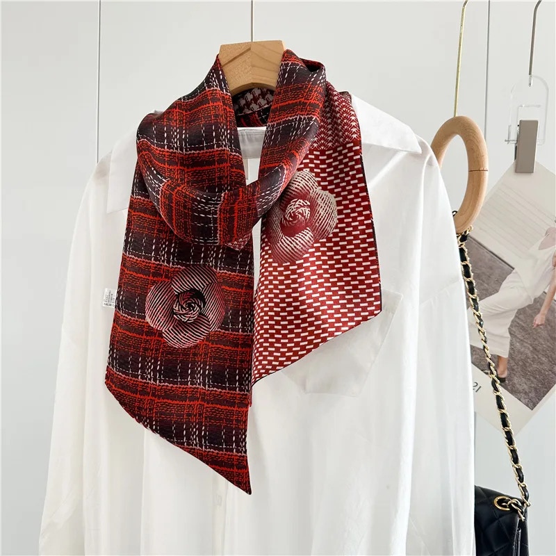 Vintage Print 100% Silk Neckerchief Necktie Womens Elegant Neck Head Hair Scarfs Double Layer 150x16cm