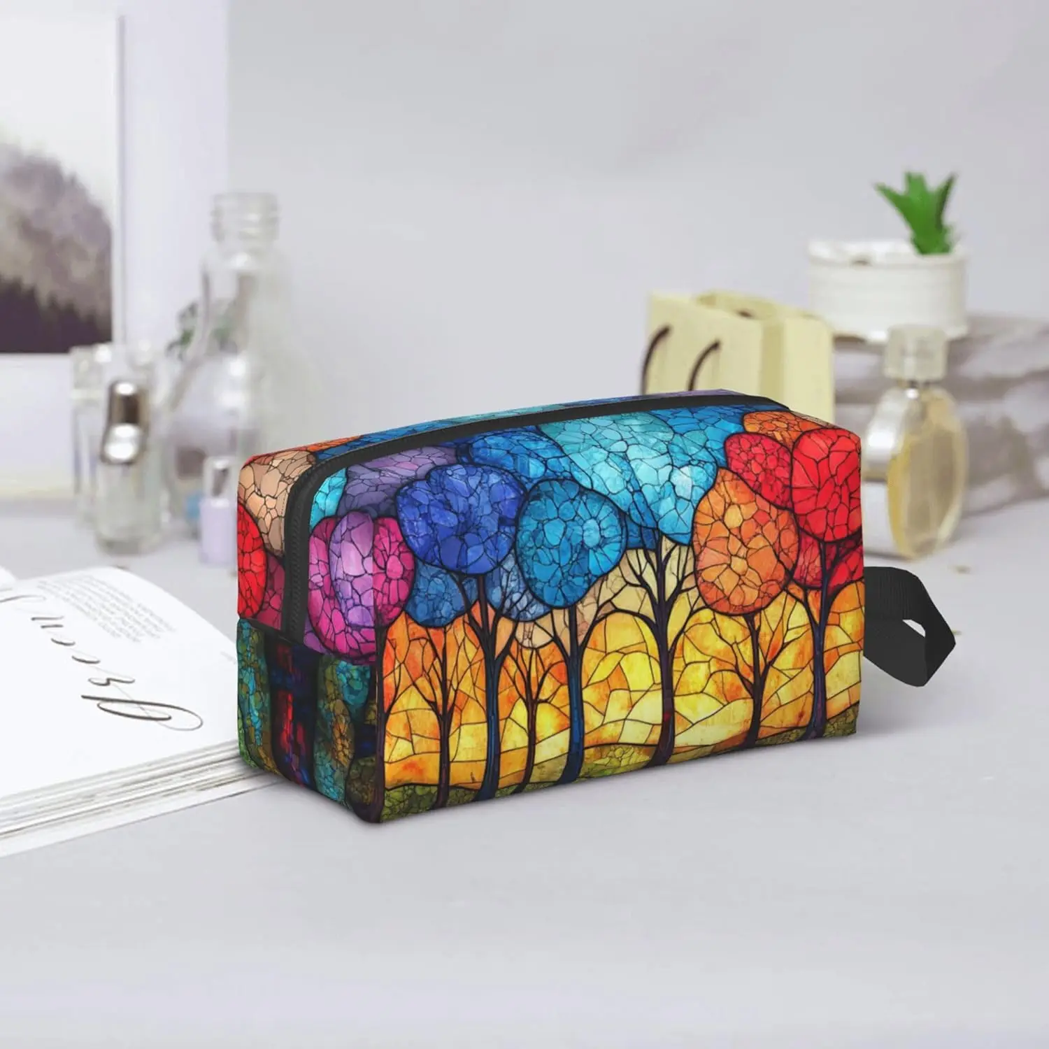 Glass Colorful Art Trees Travel Toiletry Bag for Women Men Waterproof Cosmetic Toiletries for Girls Kids Makeup Pouch Wash Bags