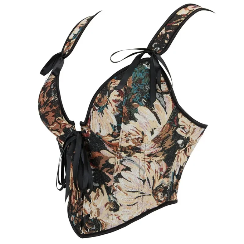 Sexy Y2K Women's Bustier Vintage Printed Corset Sleeveless Top Bandage Hollow Out Crop Camisole Fashion