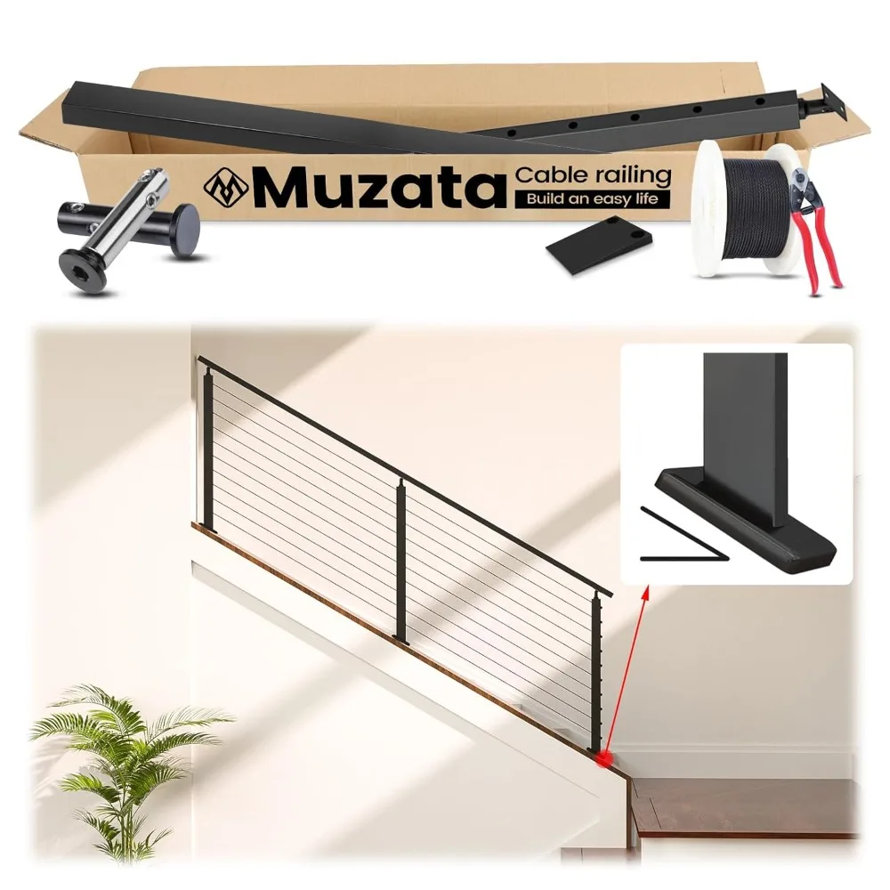 Muzata 3-6.6ft Adjustable Black Cable Railing System for Sloped Areas with 36 Post and Handrail