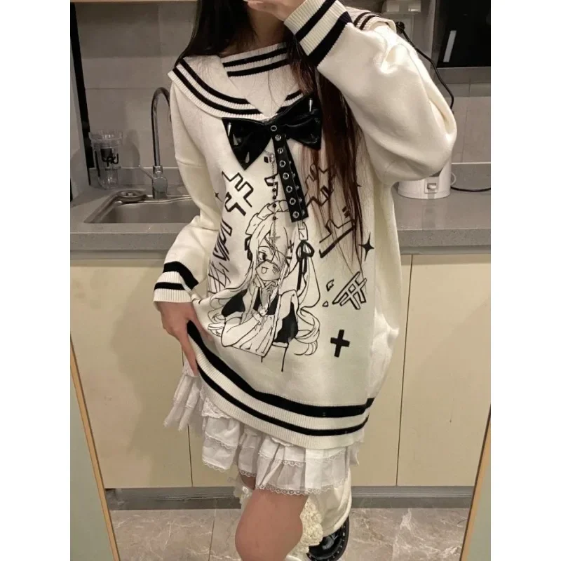 Deeptown Y2k White Sweater Women Anime Sailor Collar Jk Japanese Fashion Harajuku Knit Pullovers Preppy Loose Autumn Youthful