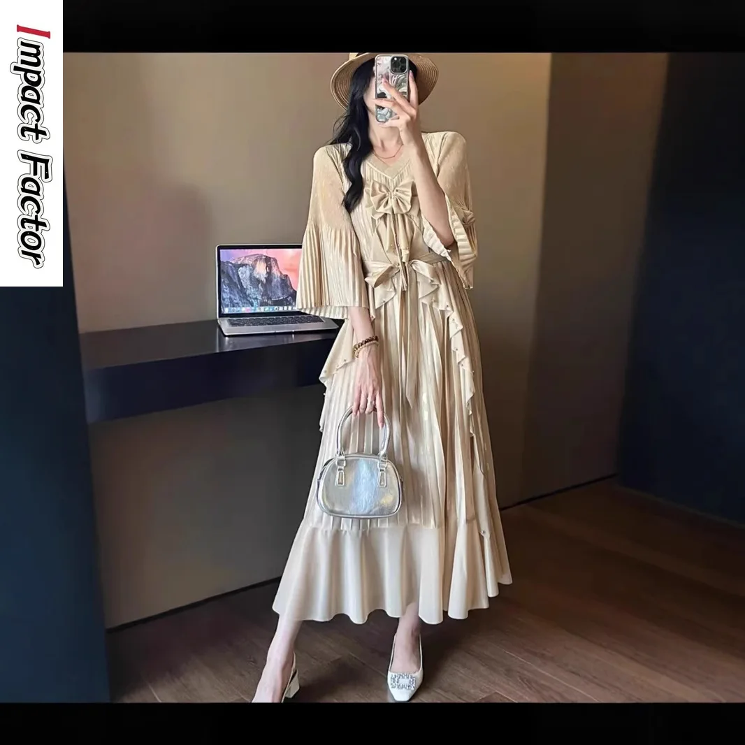 

Miyake Party Pleated Long Dresses Women Full Flare Sleeve Solid Color A Line Round Collar Spliced Ruffles New 2025 Dress