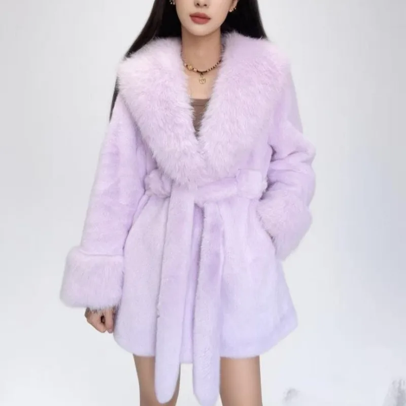 Abrigo de piel con cuello de piel grande para mujer, chaqueta ajustada con cinturón, abrigo de piel de zorro y visón ecológico cálido de lujo, Tops Premium, alta calidad