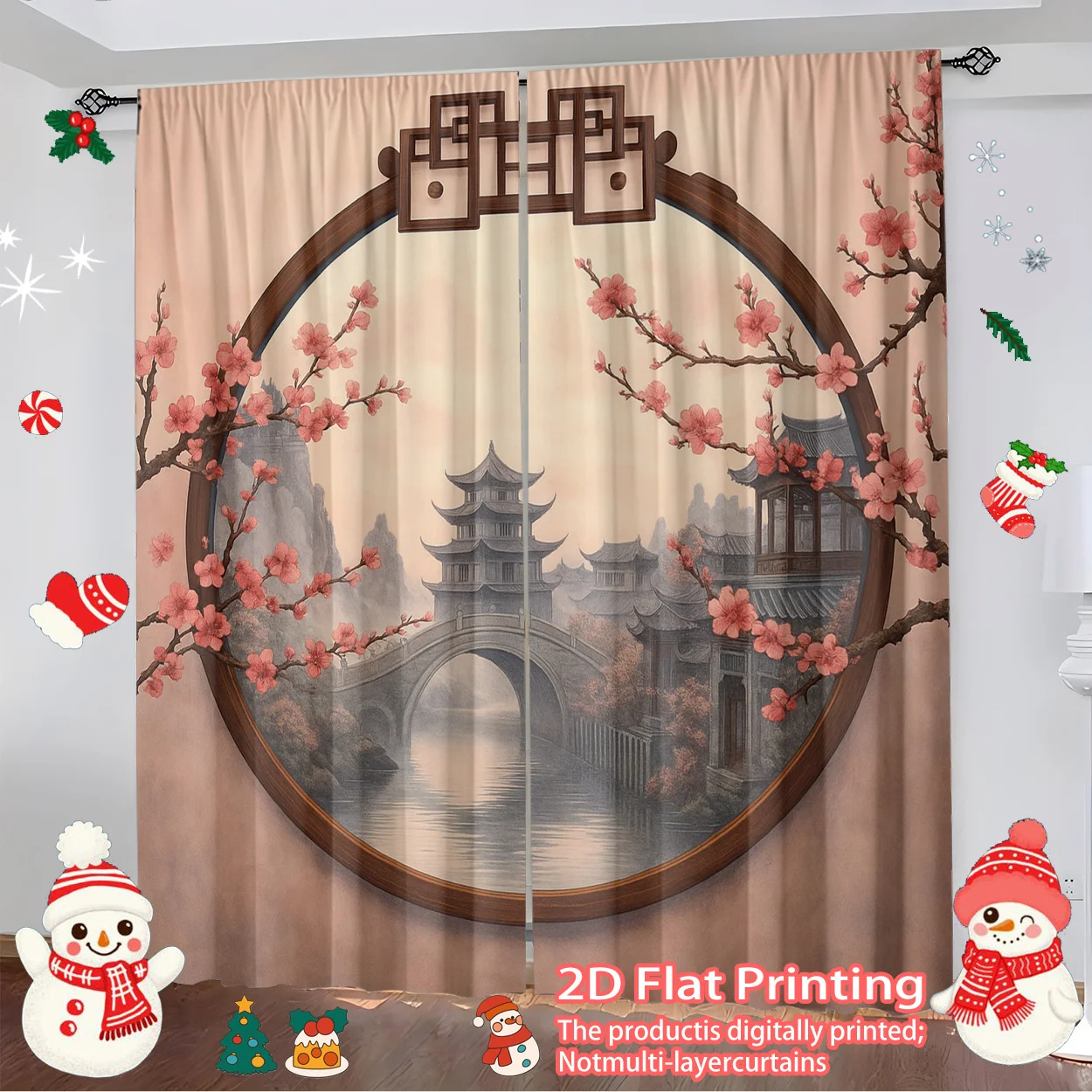 Chinese Pagoda Blossom Landscape Curtain Panel Holiday Christmas Decor Scenic Art Curtain Drapery Window Treatment