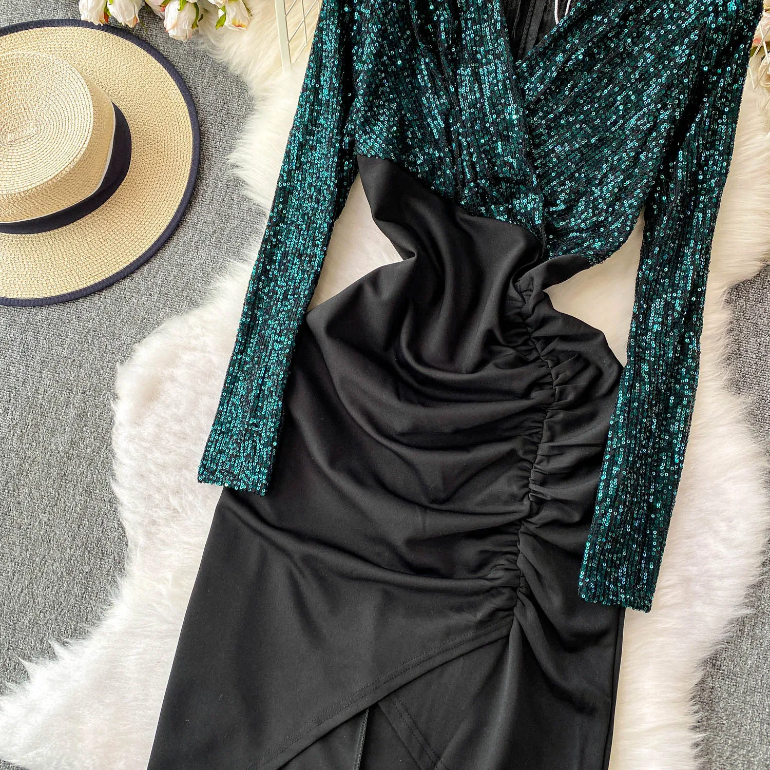 Chic vintage sexy scollo a V incrociato manica lunga slim elegante fata moda coreana Boho vestito estivo abbigliamento donna