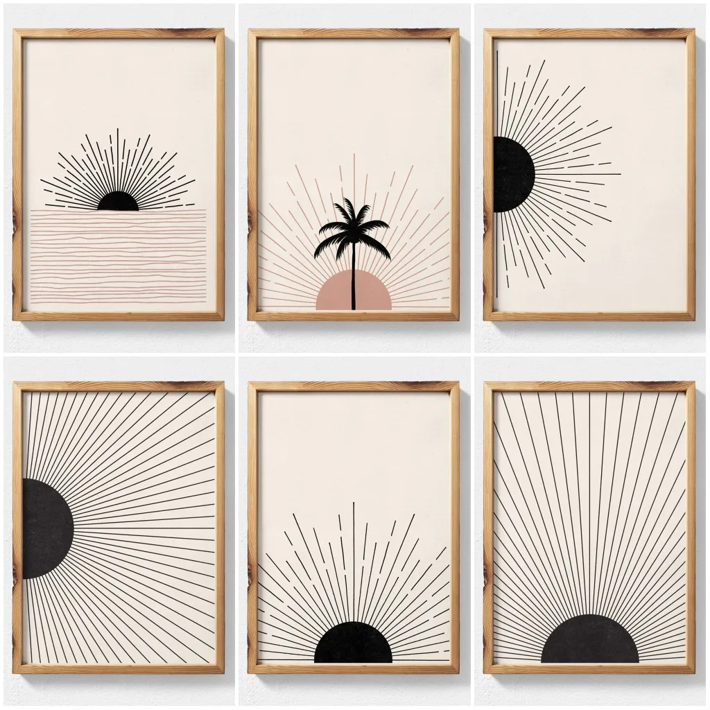 Boho Decor Sunburst Printable Wall Art Abstract Sun Mid Century Palm Tree Poster Geometric Sunrise Horizon Canvas Painting
