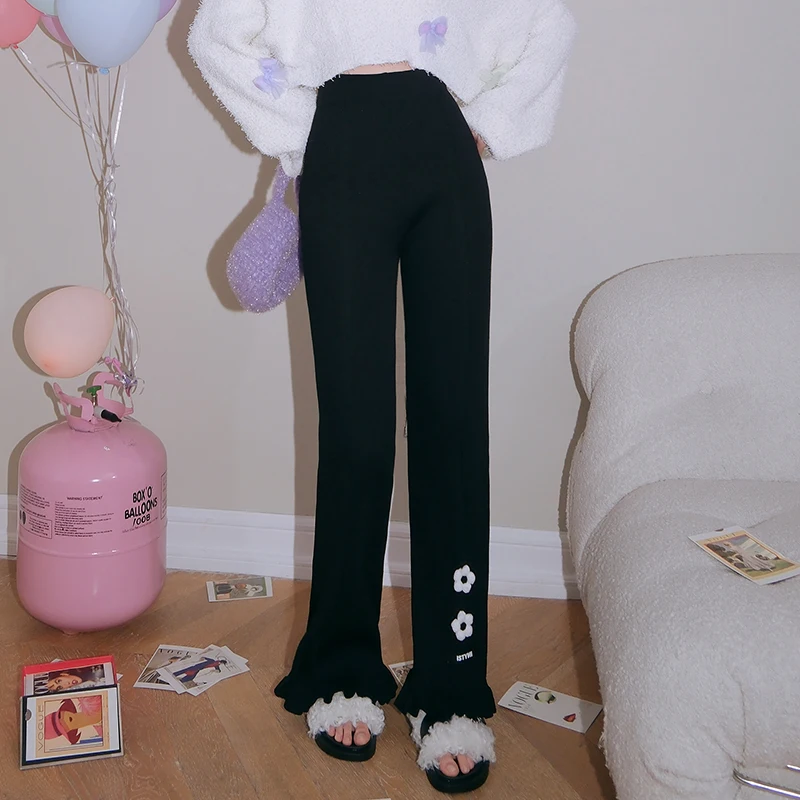 

High Waist Knitted Flared Pants Long Casual Trousers for Women Spring Autumn New Sle Cotton Blend Comfortable Straight Leg ...