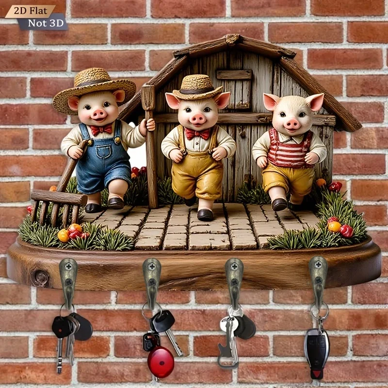 2D， Three Little Pigs in the Countryside - Wooden Key Hook with Four Metal Hooks, Suitable for Home Decoration in All Seasons