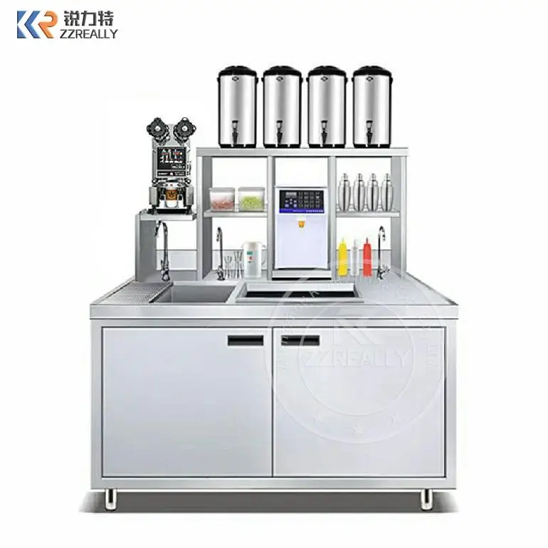 

New Design Popular Customized Length Milk Tea Shop Working Table Bubble Tea Counter With Fridge