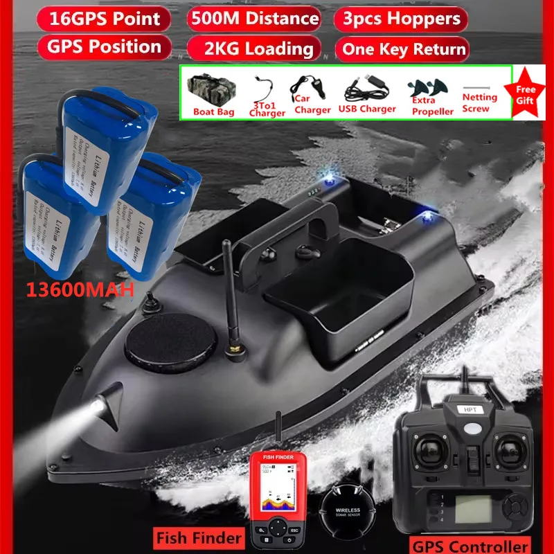 16 GPS Point Position 3 Hopper RC GPS Fishing Bait Boat 500M 2KG Load 6H LCD Screen Fish Finder Remote Control GPS Nesting Boat