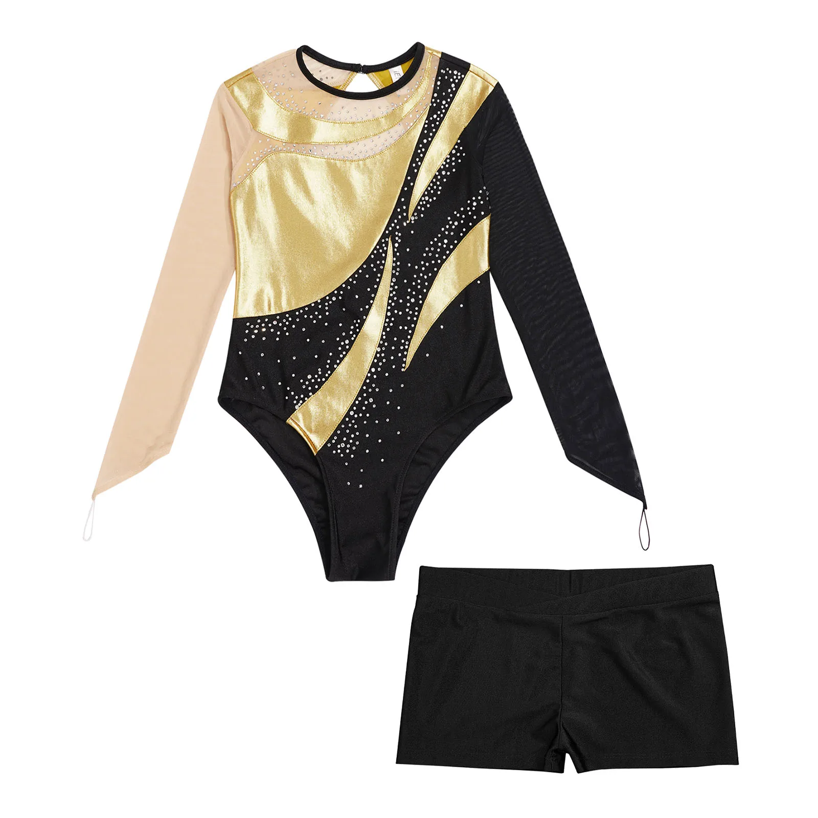 Kids Girls Long Sleeve Metallic Shiny Sheer Mesh Figure Skating Leotard with Shorts Ballet Dance Gymnastics Acrobatics Bodysuit