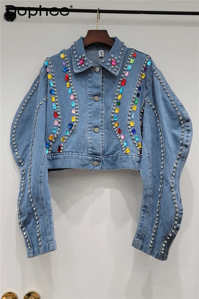 

Elegant Lapel Colorful Crystals Beaded Long Sleeve Denim Jacket Women's Jeans Jacket Tide 2023 Autumn Clothes Casaco Feminino