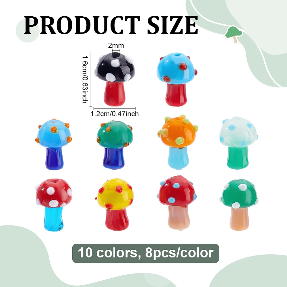 80Pcs 10Colors Mushroom Glass Beads Handmade Colorful Lampwork Beads Loose Spacer Bead Cute Mini Mushroom Ornament for DIY Craft