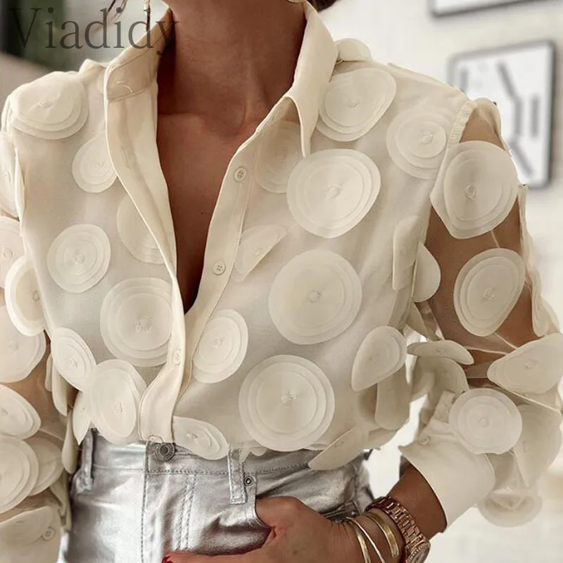 

Women Casual Floral Decor Blouse Sheer Mesh Patchwork Button Front Top