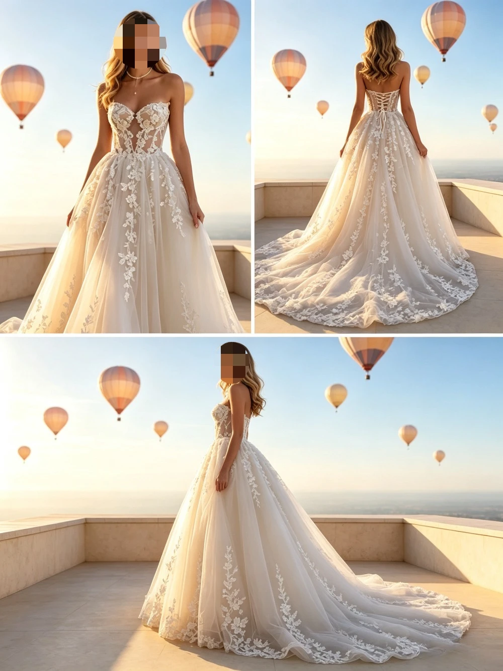 Customized Romantic Strapless Lace Wedding Dress Women's Sweetheart Neck Flower Decal Chiffon Bridal Gown Suitable for Gardens