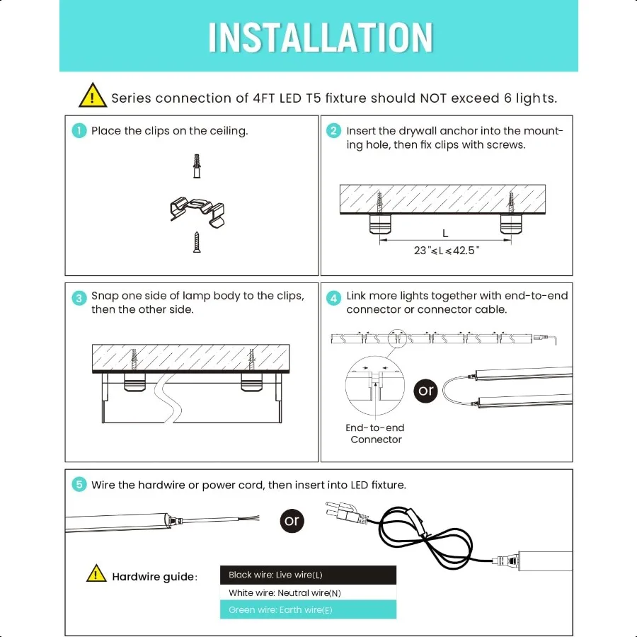 6 Pack 4FT T5 LED Integrated Fixture 6500K 20W 2300LM(er Bright White) Linkable LED Shop Light Garage Ceiling and Cabinet Light