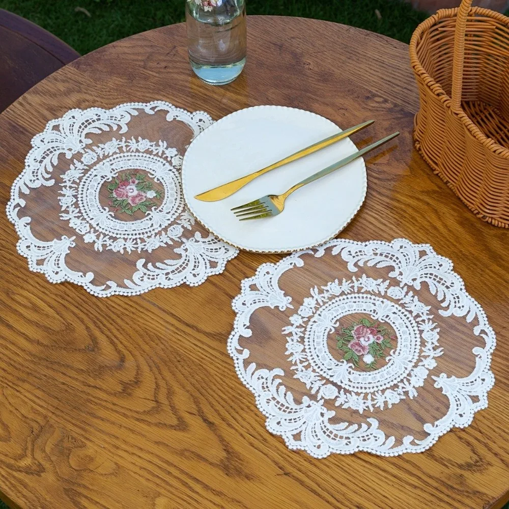 Luxury Lace Dining Table Cover Round Heat Resistant Coffee Coaster Doily White Napkin Placemat Beside Table