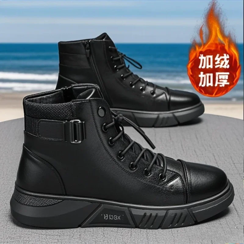 

Men’s Black PU Leather Ankle Boots – Winter Fur-Lined Platform Work Boots | Casual High-Top Comfort Shoes