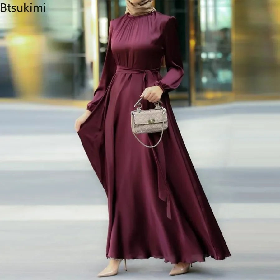 Elegant Maxi Dress for Women Solid Lantern Sleeve Party Evening Dress Fashion Lace-up Long Skirts Muslim Abayas Dubai Robe Femme