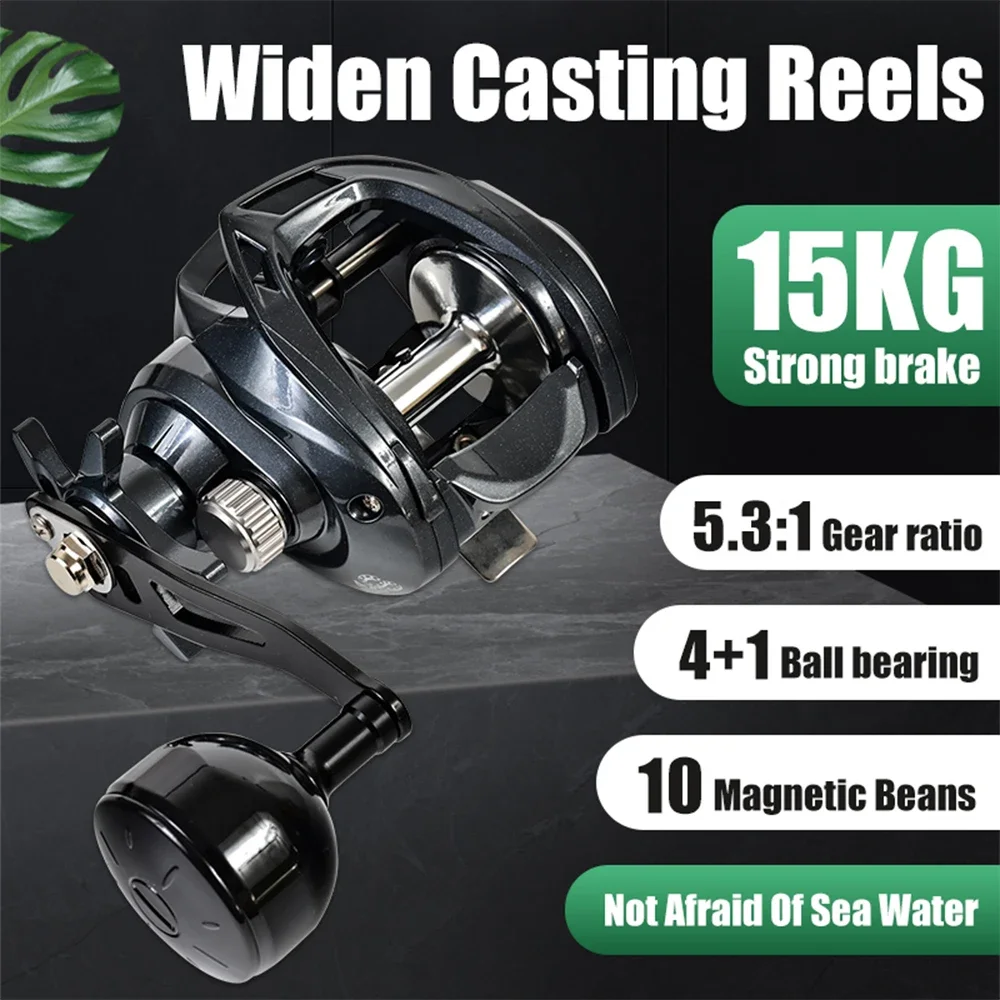 15KG Widen Casting Reels Long Casting Wide Body Teardrop Reel Baitcasting Reel 5.3:1  Anti Fry Line Metal Line Cup Fishing Wheel