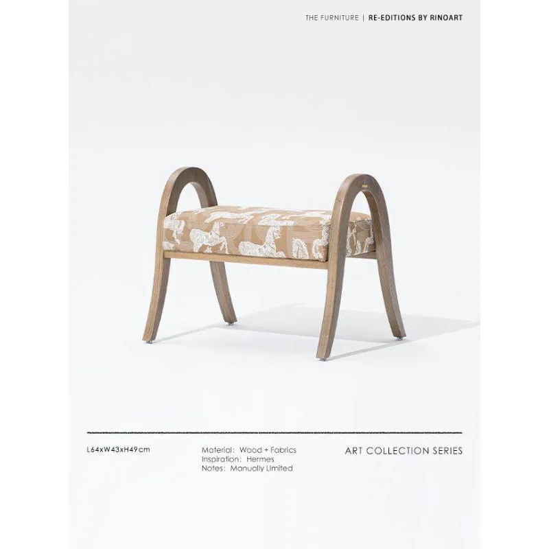 

H DECO Royal Horse Embroidery Shoe Changing Stool Multi-purpose Solid Wood Bed End Plus Seat Study Pedals