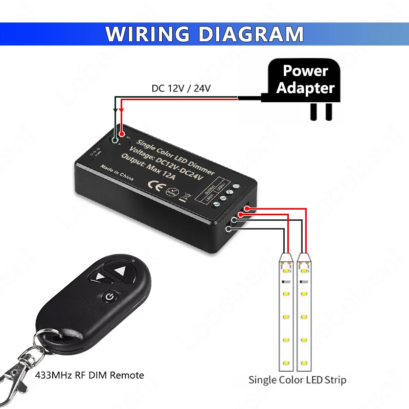 1CH LED Dimmer 12A DC12-24V Controller with 3-Key RF 433Mhz Wireless Remote Control for LED COB Single Color Light Strip Lamps