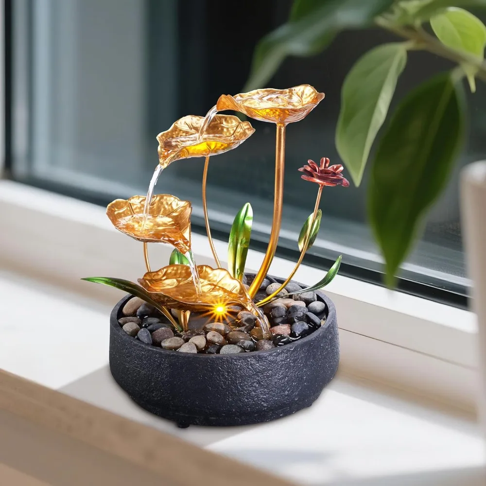 ميزة مياه زن على سطح الطاولة المعدنية لوتس مع ضوء دافئ لديكور المنزل والمكتب وأجواء الاسترخاء #6