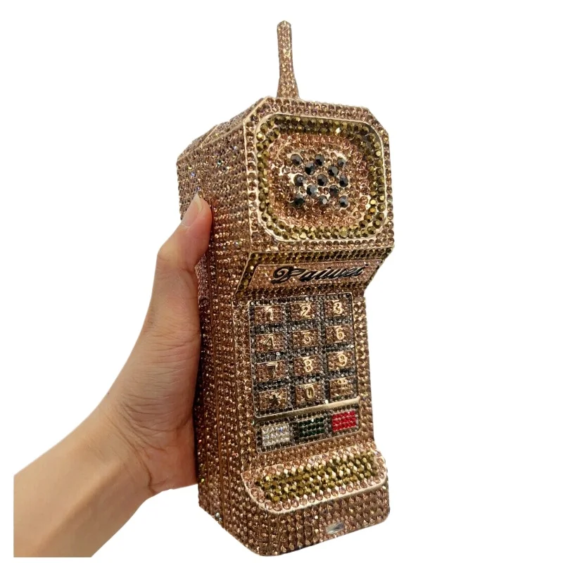 Vintage Rotary Phone Crystal Clutch Bag for Women Evening Party Wedding Shoulder Bag Novelty Funny Gift Idea Rhinestone Diamond