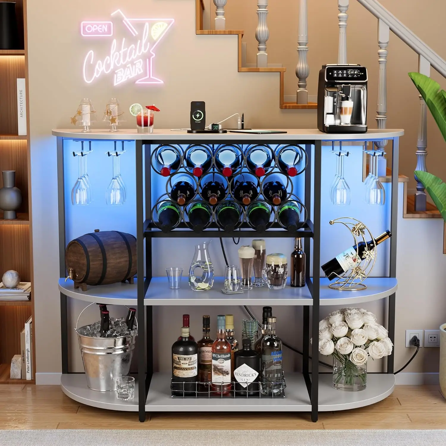 

Freestanding Wine Bar Cabinet with LED Lights, Power Outlets, Glass Holder for Home Kitchen Dining Room in White
