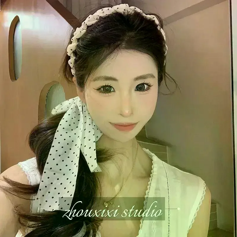 /HTF/Dot Braided Headband With Long Bow Ribbon Non Slip Comfortable Fit For Daily Wear Dating Party Vacation Polka