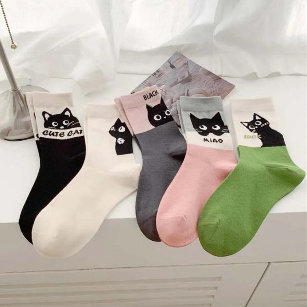 

Sweet Meow Cute Cat Ankle Socks Patchwork Letter Cartoon Anime Socks Streetwear Anti-slip Medium Tube Socks Travel