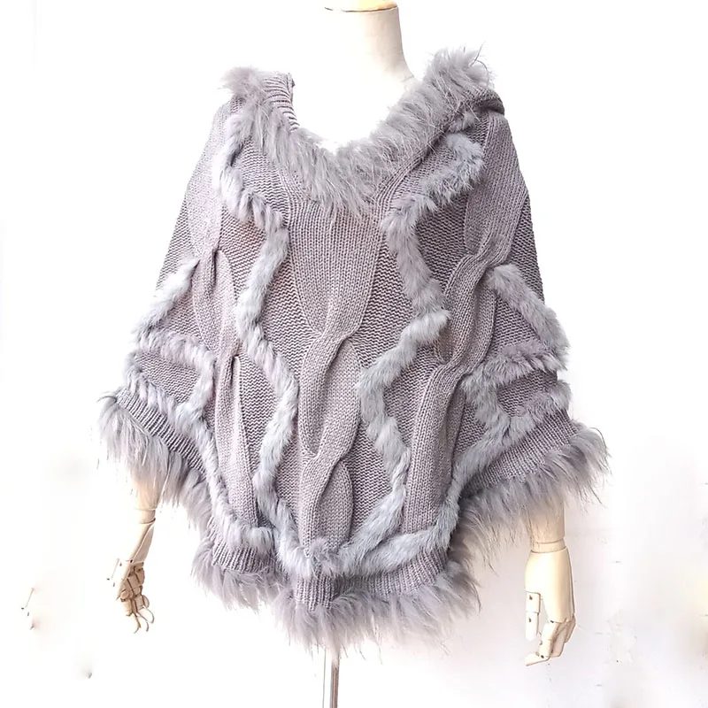 Women Winter Loose Warm Knitted Poncho With Real Raccoon Fur Stripe Female 2023 New Hooded Ponchos Cape