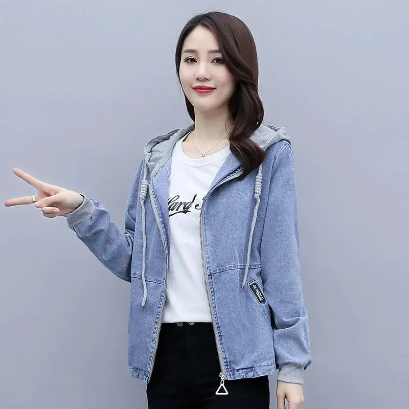 Baby Blue Distressed Jean Coats Women's Hooded Denim Jacket Short Casual Letter Embroidery Zip-up Chaqueta Jackets Spring Autumn