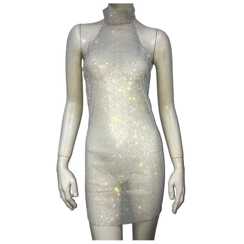 Glitzerndes Kristall-Netzkleid mit Strass für Damen, Neckholder-Minikleid aus transparentem Mesh, figurbetontes Party- und Clubkleid, Geburtstagsgeschenk für Damen – Detail 8