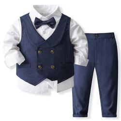 2Piece Spring Toddler Boy Clothing Korean Gentleman Suit Cotton Long Sleeve Baby Tops+Vest+Pants+Tie Kids Boutique Clothes BC762