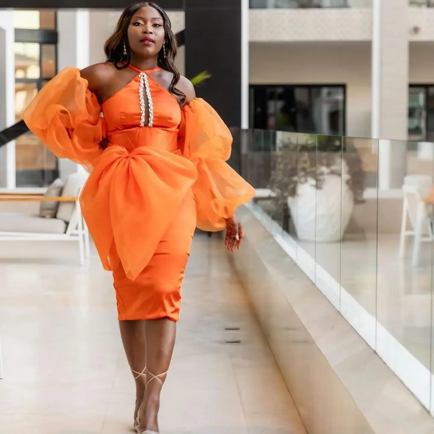 

Hot Orange Sheath Midi Satin Dresses With See Thru Full Sleeves Hater Beaded Bow Sexy Dress African Women Party Dresses Sexy Fea