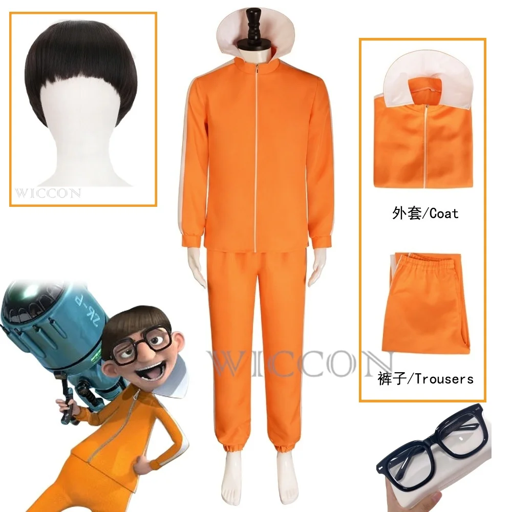 

Movie Vector Cosplay Costume Orange Jakect Pant Outfits Set Mushroom-shaped Wig Halloween Fancy Suit Party Suit