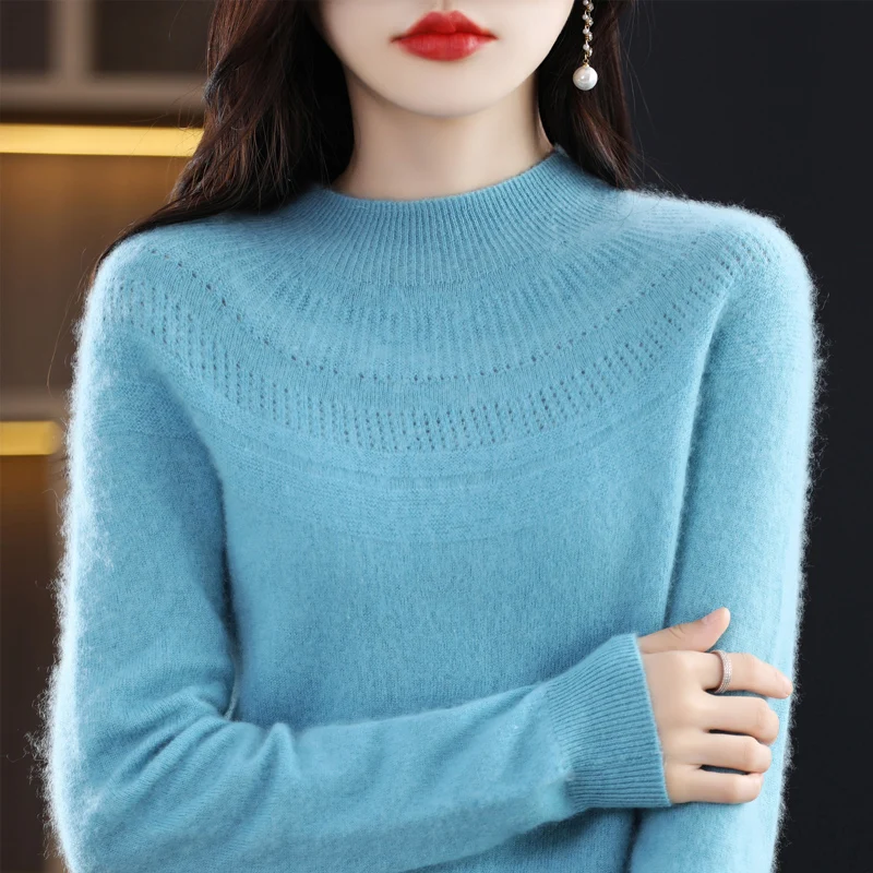 Autumn and winter 100% wool single-line ready-to-wear hollow women\'s pullover O-neck cashmere sweater knitted solid color