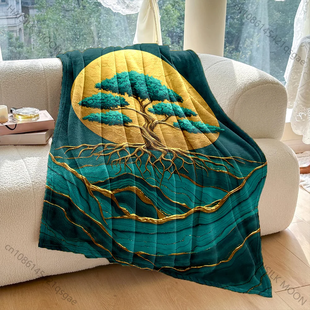 Golden moon tree of life mountain range Print Blanket Warm Soft Fluffy Kids and Adult Sofa Bed Throw Outdoor Travel Camping RV