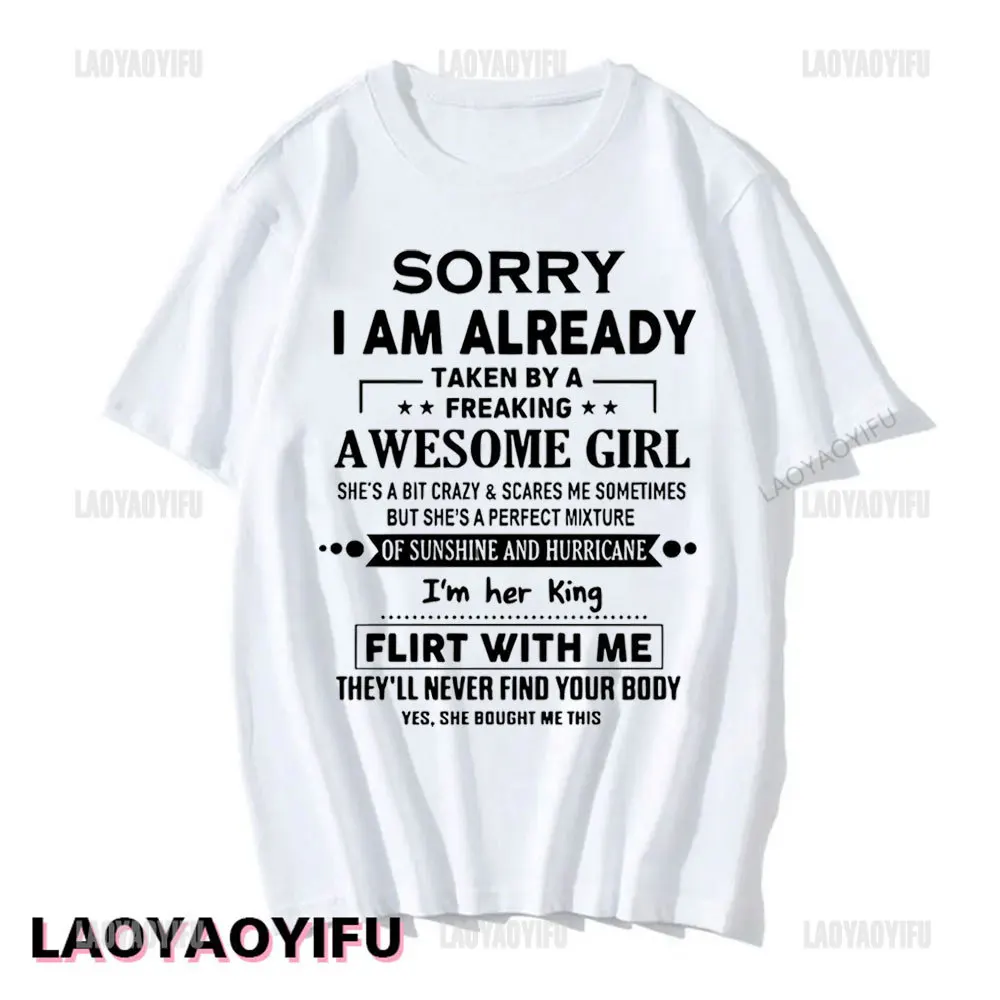 Sorry I Am Already Taken By A Freaking Awesome Guy Husband Couple T-Shirt Fashion Funny Husband and Wife T Shirt  Short-sleev