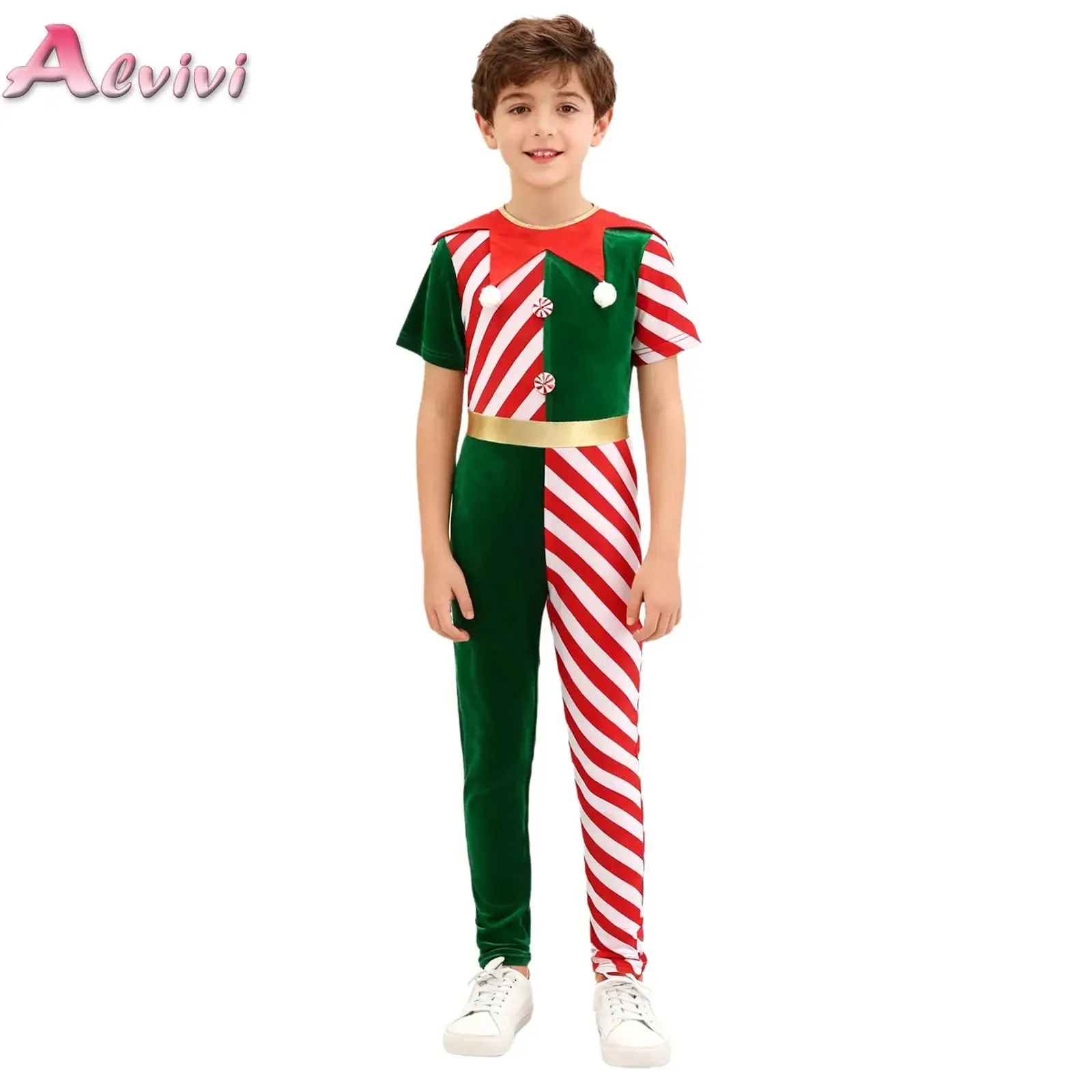 

Kids Boys Girls Christmas Elf Patchwork Costumes Pompom Stripe Long Pants Cosplay Jumpsuit Festival Parties Photo Shoot Clothes