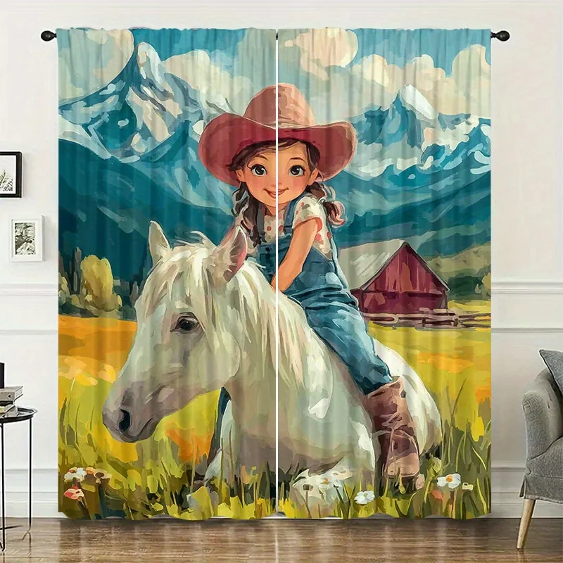 horseback riding girl curtains for the ranch are installed using pocket rods and are suitable living rooms balconies decoration